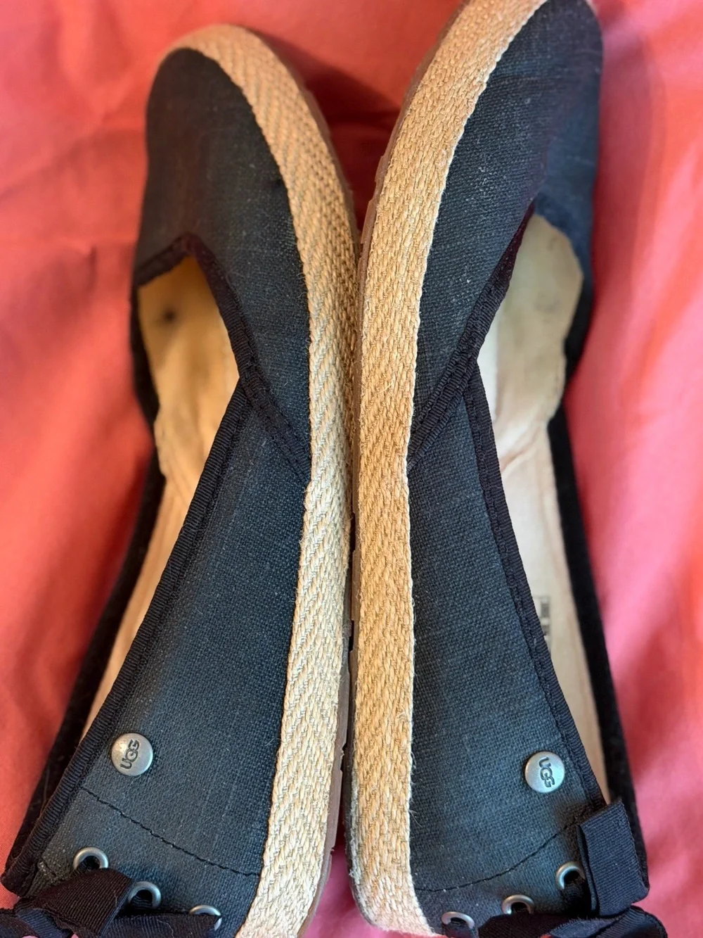 UGG Black Canvas Espadrille Flats with Bow Trim